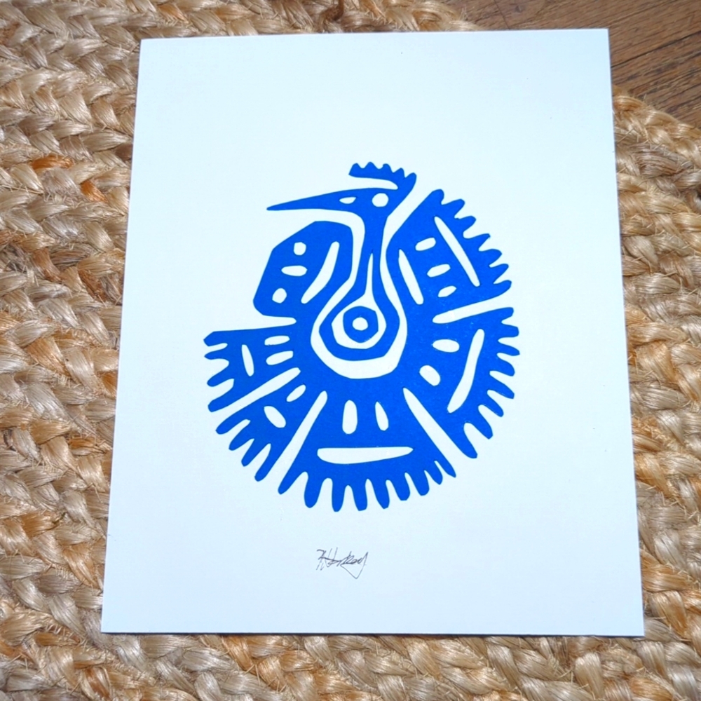 Folk art bird, paper art, blue, 8x10